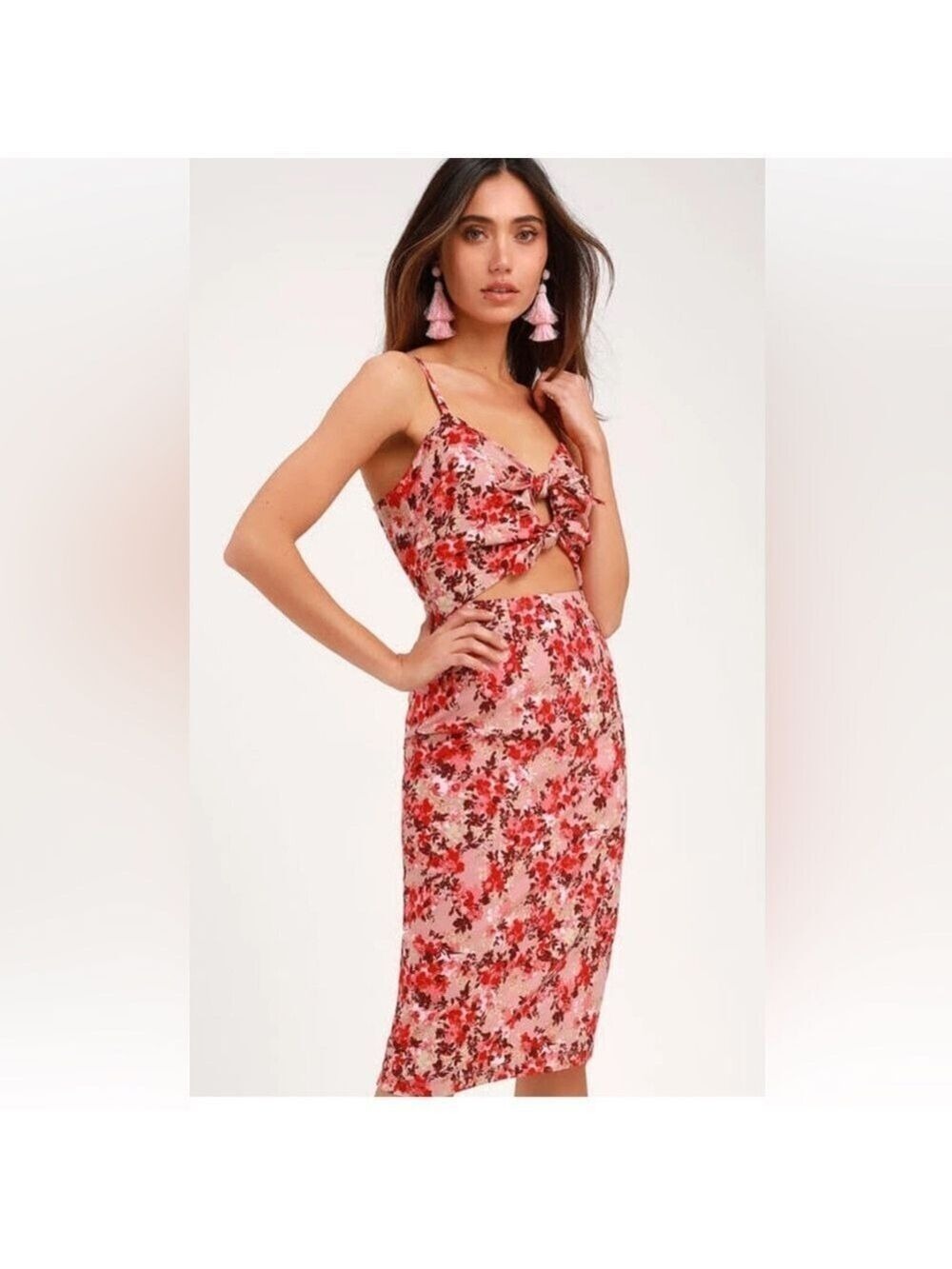 WAYF Victoria Floral Print Double Tie Cut Out Dress Sheath Bodycon Midi XS EC